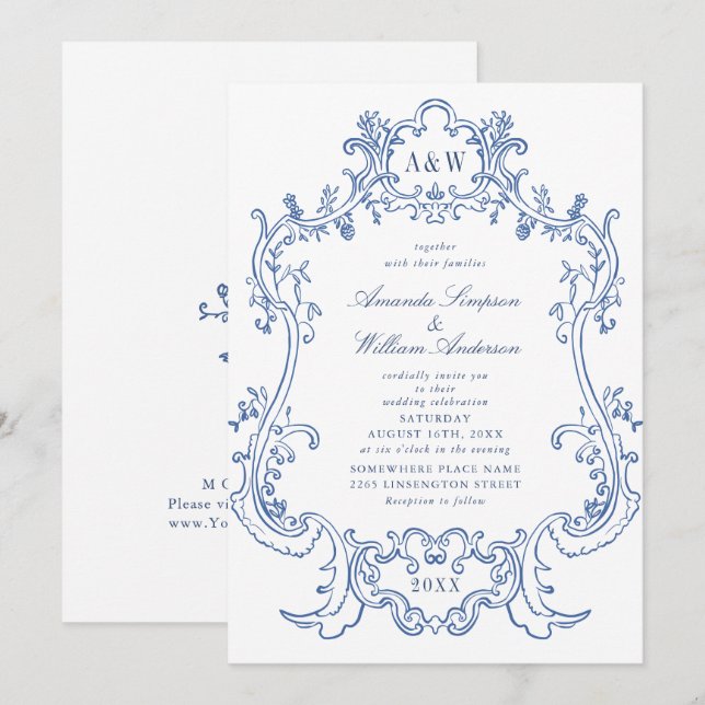 Elegant Baroque Dusty Blue Ornate Frame Wedding Invitation (Front/Back)