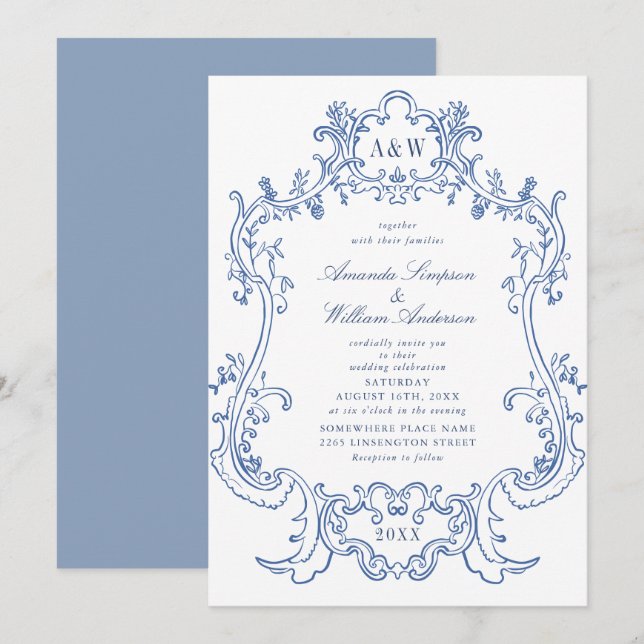 Elegant Baroque Dusty Blue Ornate Frame Wedding Invitation (Front/Back)