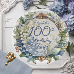 Elegant Baroque Floral Frame 100th Birthday Party Paper Plate<br><div class="desc">A stunning garden-inspired 100th birthday party design featuring an elaborate Baroque-style decorative circular frame adorned with an elegant blend of floral motifs. The dusky blue frame is gracefully draped in delicate Lily of the Valley and Hawthorn flowers, creating a romantic and timeless atmosphere. The intricate detailing of the Baroque elements...</div>