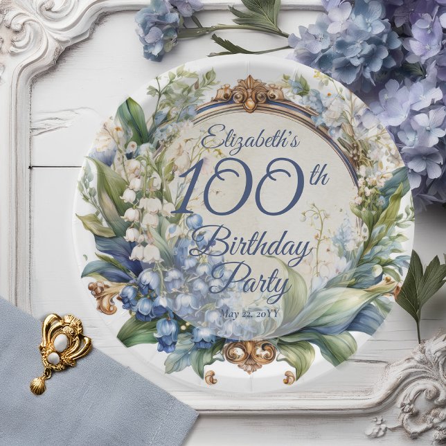 Elegant Baroque Floral Frame 100th Birthday Party Paper Plate (Elegant Baroque Lily of the Valley and Hawthorn Floral Frame 100th Birthday Party Paper Plates)
