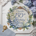 Elegant Baroque Floral Frame 50th Birthday Party Paper Plate<br><div class="desc">A stunning garden-inspired 50th birthday party design featuring an elaborate Baroque-style decorative circular frame adorned with an elegant blend of floral motifs. The dusky blue frame is gracefully draped in delicate Lily of the Valley and Hawthorn flowers, creating a romantic and timeless atmosphere. The intricate detailing of the Baroque elements...</div>
