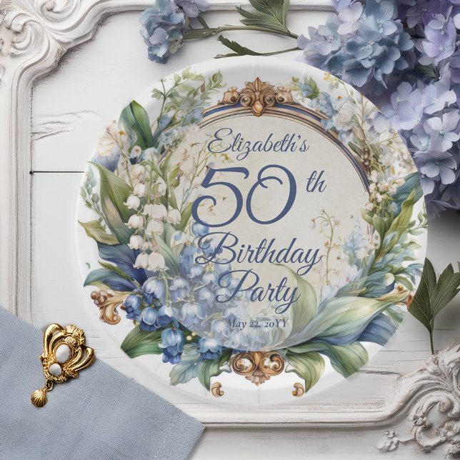 Elegant Baroque Floral Frame 50th Birthday Party Paper Plate (Elegant Baroque Lily of the Valley and Hawthorn Floral Frame 50th Birthday Party Paper Plates)
