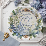 Elegant Baroque Floral Frame 70th Birthday Party Paper Plate<br><div class="desc">A stunning garden-inspired 70th birthday party design featuring an elaborate Baroque-style decorative circular frame adorned with an elegant blend of floral motifs. The dusky blue frame is gracefully draped in delicate Lily of the Valley and Hawthorn flowers, creating a romantic and timeless atmosphere. The intricate detailing of the Baroque elements...</div>