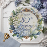Elegant Baroque Floral Frame 80th Birthday Party Paper Plate<br><div class="desc">A stunning garden-inspired 80th birthday party design featuring an elaborate Baroque-style decorative circular frame adorned with an elegant blend of floral motifs. The dusky blue frame is gracefully draped in delicate Lily of the Valley and Hawthorn flowers, creating a romantic and timeless atmosphere. The intricate detailing of the Baroque elements...</div>