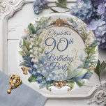 Elegant Baroque Floral Frame 90th Birthday Party Paper Plate<br><div class="desc">A stunning garden-inspired 90th birthday party design featuring an elaborate Baroque-style decorative circular frame adorned with an elegant blend of floral motifs. The dusky blue frame is gracefully draped in delicate Lily of the Valley and Hawthorn flowers, creating a romantic and timeless atmosphere. The intricate detailing of the Baroque elements...</div>