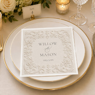 Elegant Baroque Floral Ivory Scrollwork Wedding  Napkin