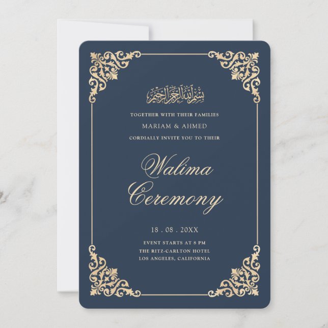 Elegant Baroque Frame Navy Blue Walima Ceremony Invitation (Front)