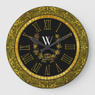 Elegant Baroque Gold Wreath Monogram Large Clock