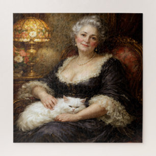Elegant Baroque Lady Posing with White Cat Jigsaw Puzzle