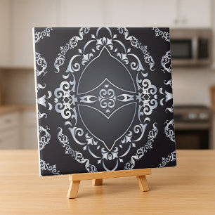 Elegant Baroque Luxury Chic Black & Silver Border  Ceramic Tile