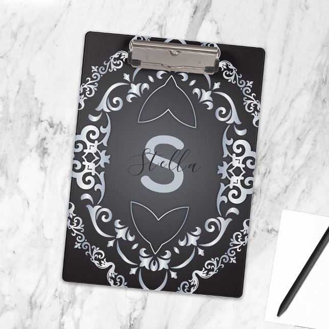 Elegant Baroque Luxury Chic Black & Silver Border Clipboard (Creator Uploaded)