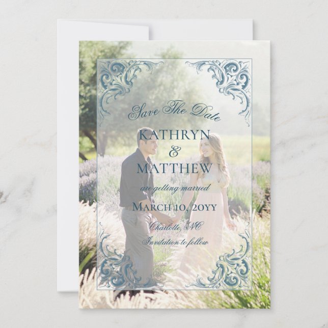 Elegant Baroque Pattern Photo Save The Date Card (Front)