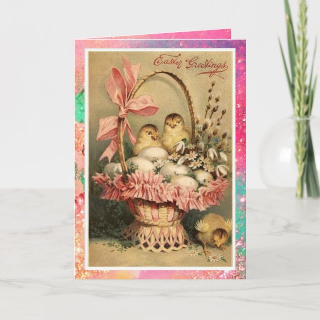 ELEGANT BASKET ,CHICKENS,FLOWERS AND EASTER EGGS HOLIDAY CARD (Front)