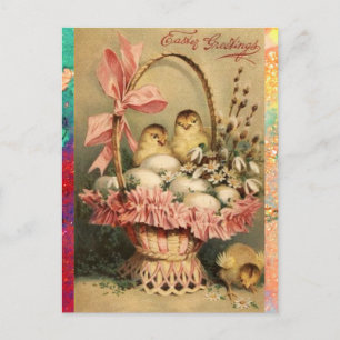 ELEGANT BASKET ,CHICKENS,FLOWERS AND EASTER EGGS HOLIDAY POSTCARD