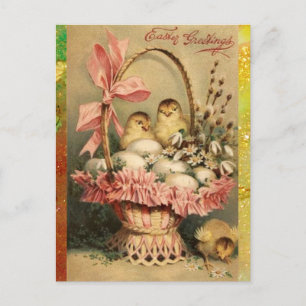ELEGANT BASKET ,CHICKENS,FLOWERS AND EASTER EGGS HOLIDAY POSTCARD