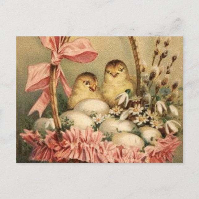 ELEGANT BASKET ,CHICKENS,FLOWERS AND EASTER EGGS HOLIDAY POSTCARD (Front)