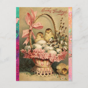 ELEGANT BASKET ,CHICKENS,FLOWERS AND EASTER EGGS HOLIDAY POSTCARD
