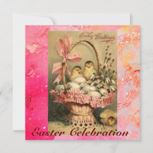 ELEGANT BASKET ,CHICKENS,FLOWERS AND EASTER EGGS INVITATION
