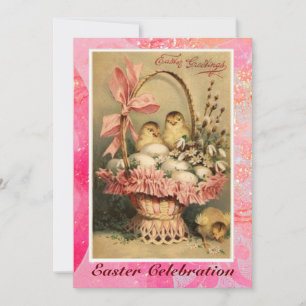 ELEGANT BASKET ,CHICKENS,FLOWERS AND EASTER EGGS INVITATION