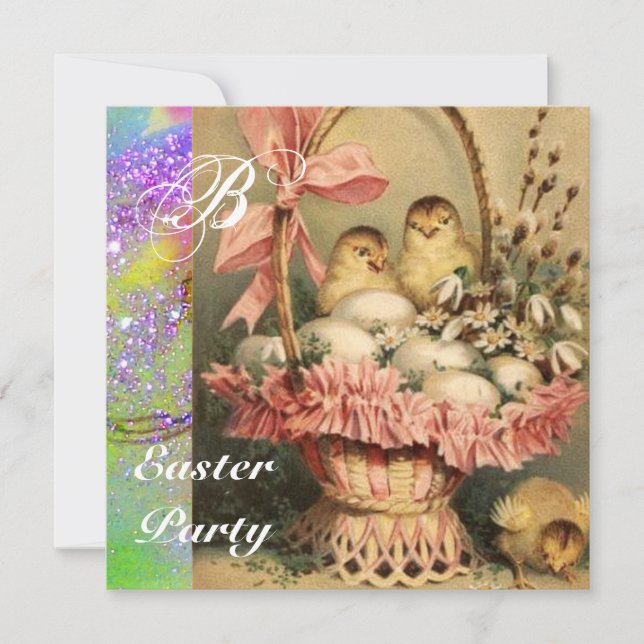 ELEGANT BASKET ,CHICKENS,FLOWERS AND EASTER EGGS INVITATION (Front)