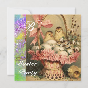 ELEGANT BASKET ,CHICKENS,FLOWERS AND EASTER EGGS INVITATION