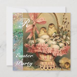 ELEGANT BASKET ,CHICKENS,FLOWERS AND EASTER EGGS INVITATION