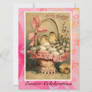 ELEGANT BASKET ,CHICKENS,FLOWERS AND EASTER EGGS INVITATION