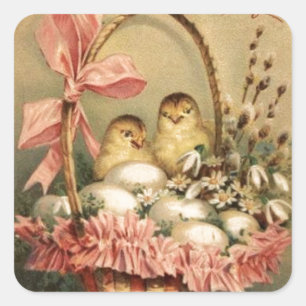 ELEGANT BASKET ,CHICKENS,FLOWERS AND EASTER EGGS SQUARE STICKER