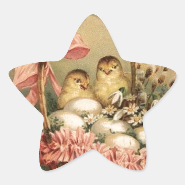 ELEGANT BASKET ,CHICKENS,FLOWERS AND EASTER EGGS STAR STICKER (Front)
