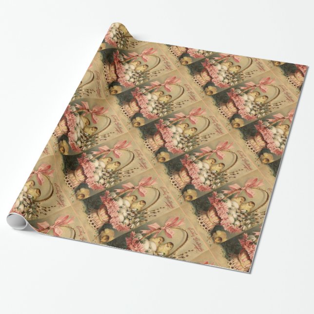 ELEGANT BASKET ,CHICKENS,FLOWERS AND EASTER EGGS WRAPPING PAPER (Unrolled)