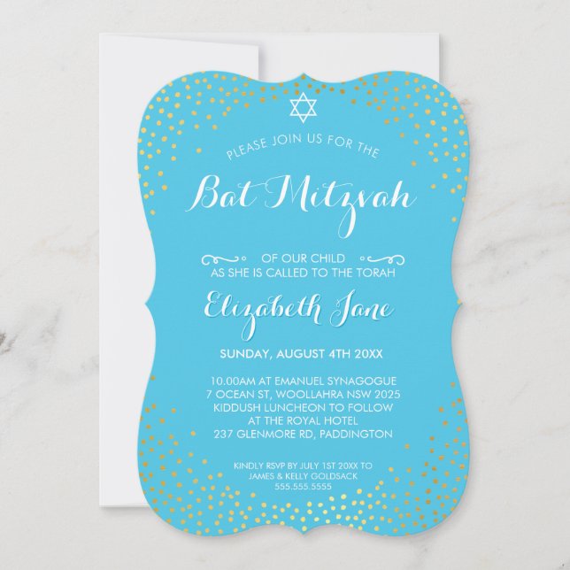 ELEGANT BAT MITZVAH mini rustic gold confetti aqua Invitation (Front)