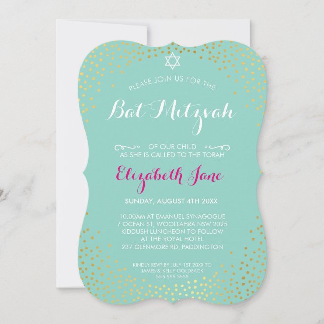 ELEGANT BAT MITZVAH mini rustic gold confetti mint Invitation (Front)