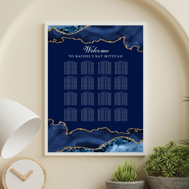 Elegant Bat Mitzvah Party Blue Gold Seating Chart (Creator Uploaded)