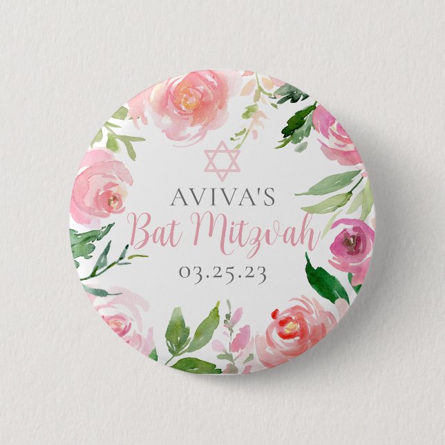 Elegant Bat Mitzvah Party Personalised Pink Floral 6 Cm Round Badge (Front)