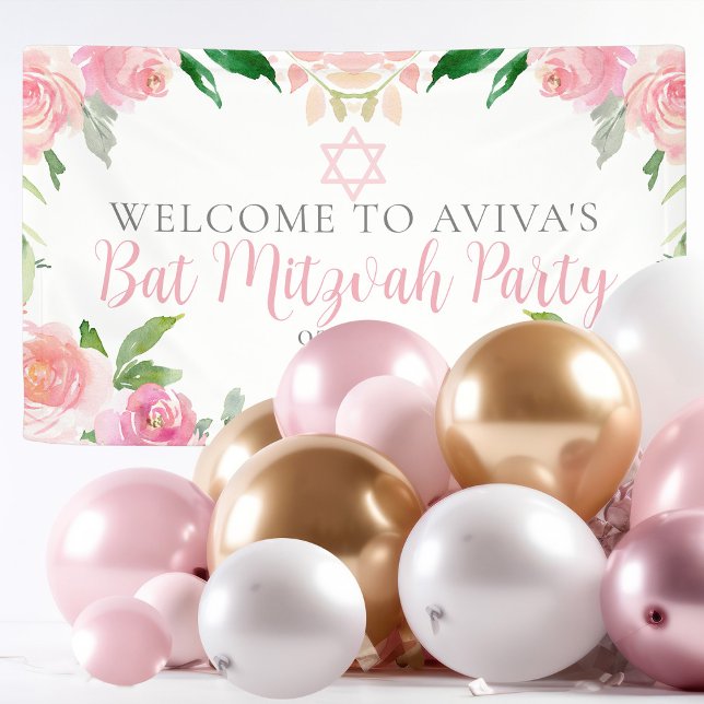 Elegant Bat Mitzvah Party Personalised Pink Floral Banner (Creator Uploaded)