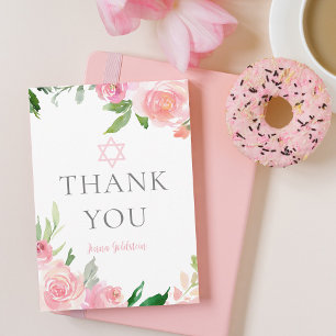 Elegant Bat Mitzvah Party Personalized Pink Floral Thank You Card