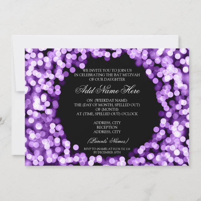 Elegant Bat Mitzvah Purple Sparkly Lights Invitation (Front)