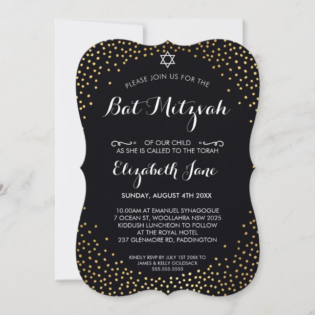ELEGANT BAT MITZVAH rustic gold confetti black Invitation (Front)