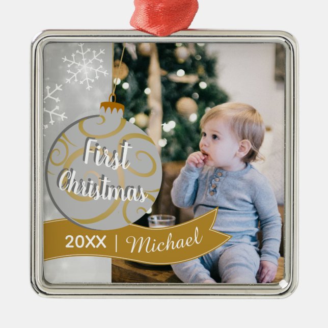 Elegant Bauble Baby's First Christmas Photo Metal Ornament (Front)