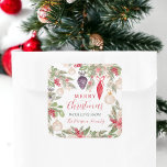 Elegant bauble pine floral watercolor Christmas Square Sticker<br><div class="desc">Get ready to celebrate the holidays in style with our Christmas favour sticker! Picture rustic green pine branches, festive red berries, and delicate beige flowers, with christmas ornaments baubles in all shapes and colours, all hand-painted for that special touch. The elegant script font adds a touch of sophistication, setting the...</div>