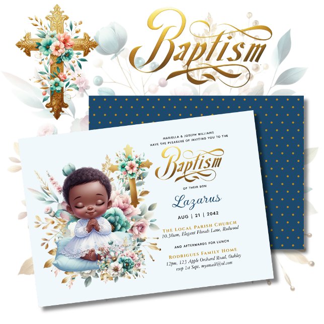 Elegant BAUTIZO Black Baby Turquoise Gold Floral Invitation (Creator Uploaded)
