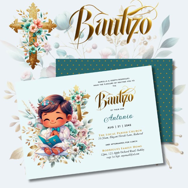 Elegant BAUTIZO Turquoise Gold Floral Cross Invitation (Creator Uploaded)