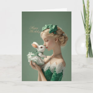 Elegant BDay Card with Lady & White Bunny in Lace