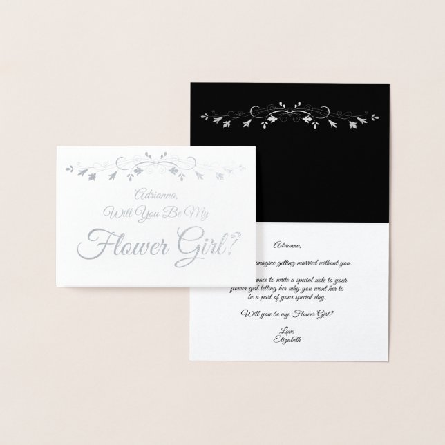 Elegant Be My Flower Girl Lacy Flourish Silver Foil Card (Display)