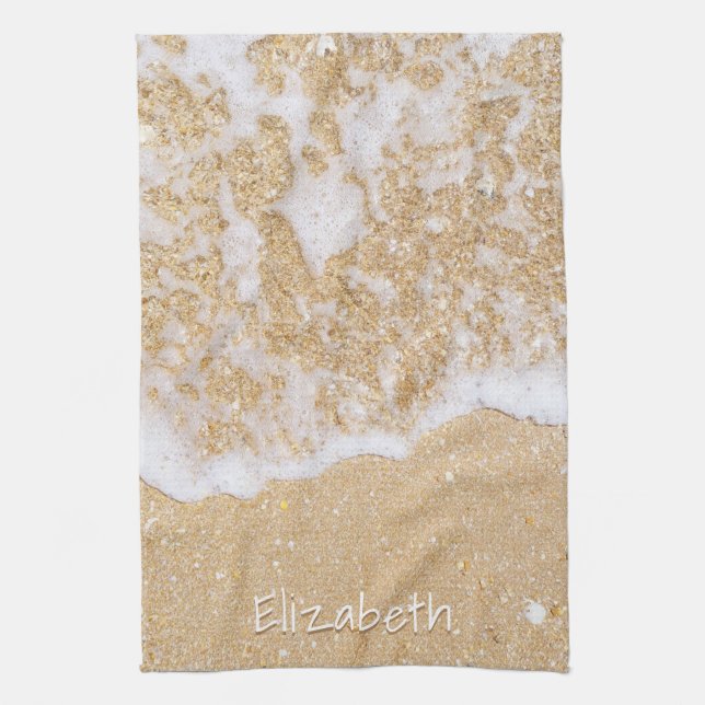 Elegant Beach and Sea Personalised Name  Tea Towel (Vertical)