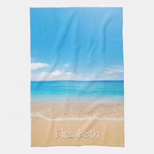 Elegant Beach and Sea Personalised Name Tea Towel