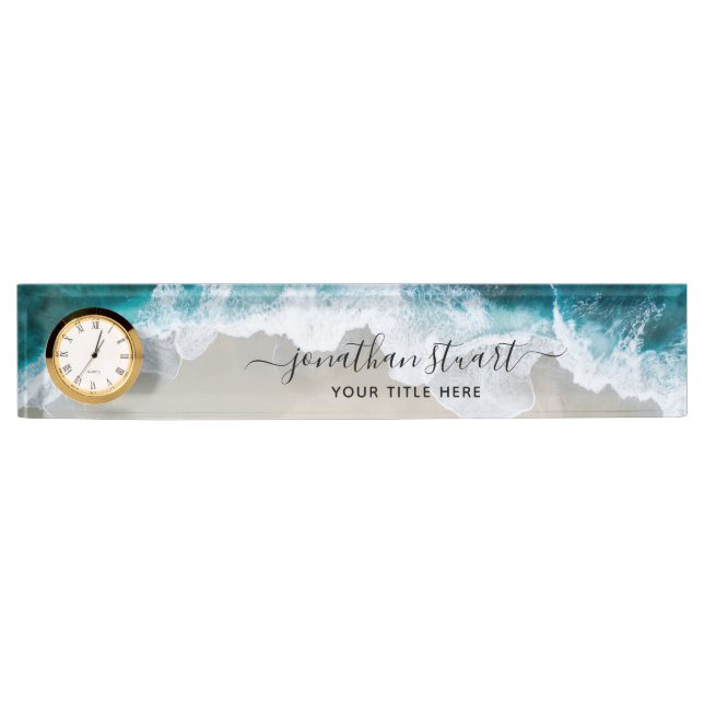 Elegant Beach Aqua Blue Green Script Modern Nameplate (Front)