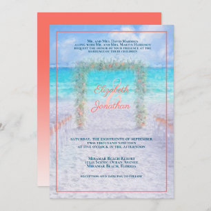 Elegant Beach Arbor Blue Coral Ombre Wedding Invitation