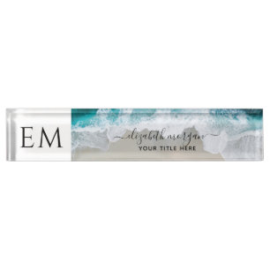 Elegant Beach Blue Green Script Monogrammed Nameplate
