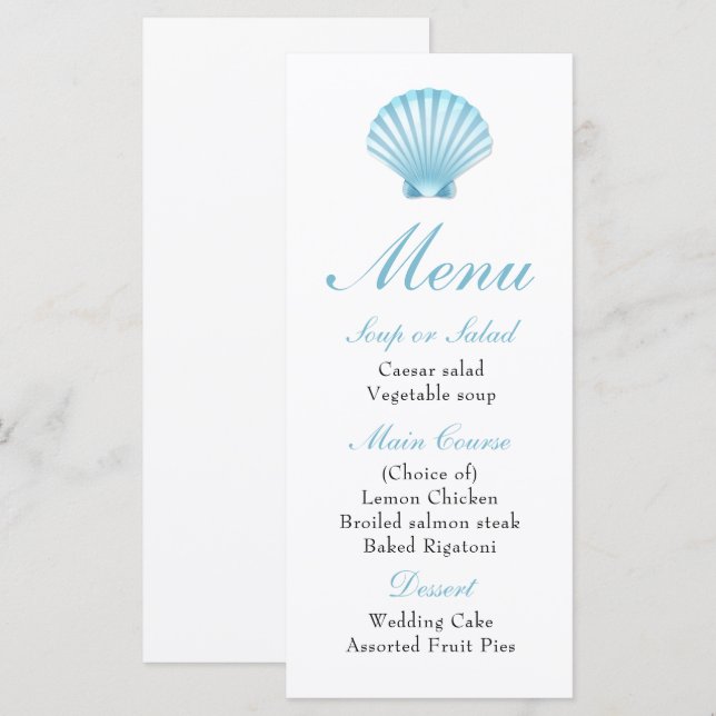 Elegant Beach Blue Nautical Seashell Wedding Menu (Front/Back)